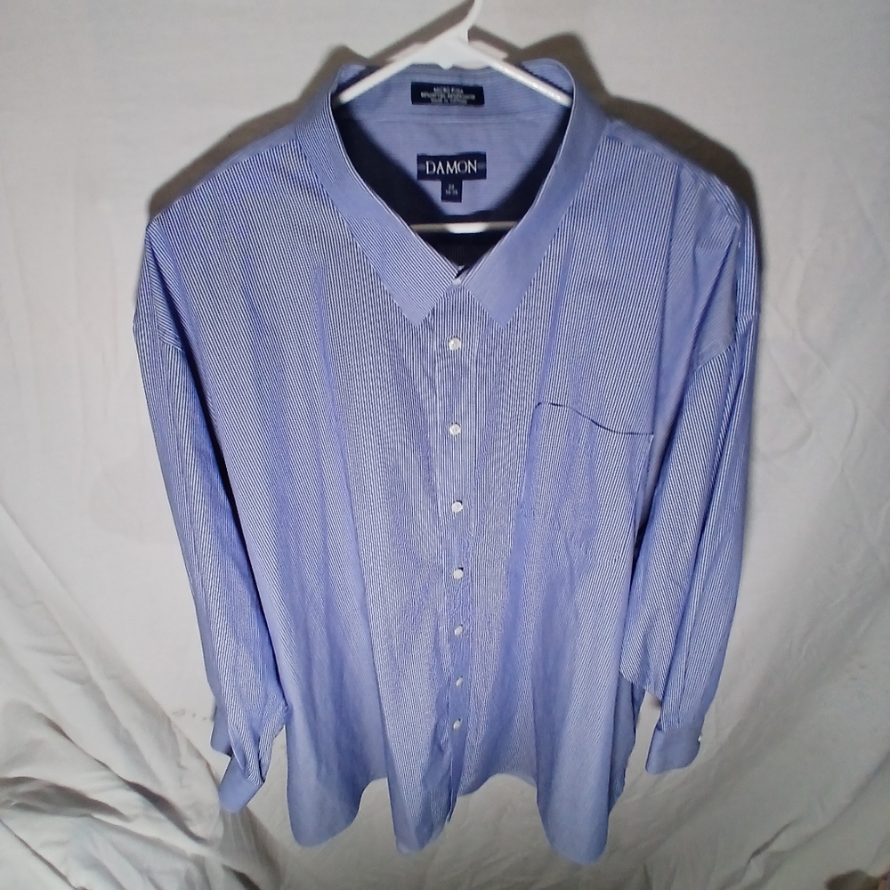 Damon Men’s 22 34-35 Blue Micro Pima Dress Shirt – Stripe Long Sleeve Button-Up